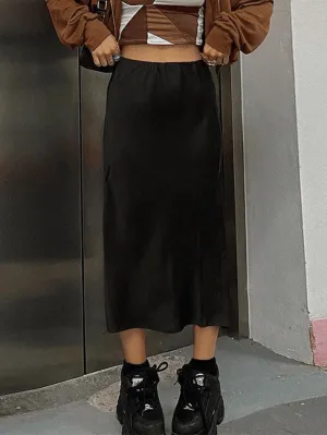 Basic Satin Split Midi Skirt