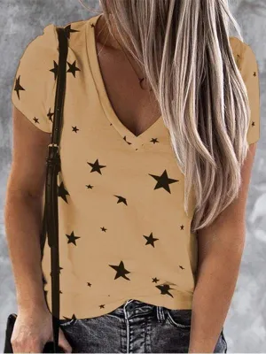 Black Star Print V-Neck T-Shirt