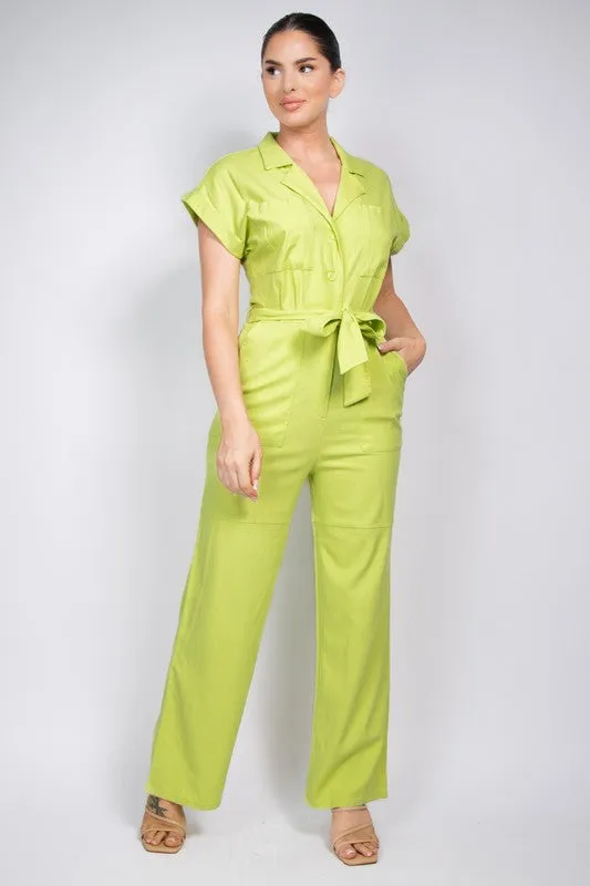 Citrus Belted Button-Down Linen Jumpsuit