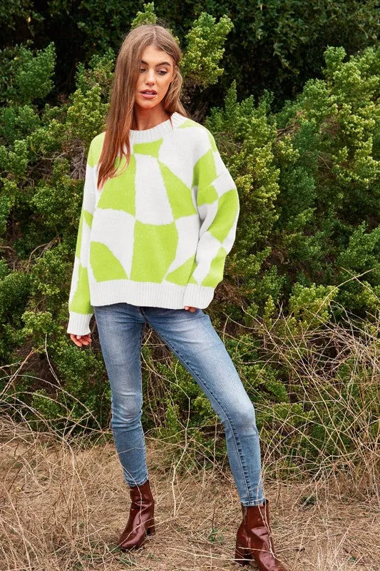 Davi & Dani Multi Geo Checker Pullover Knit Sweater Top