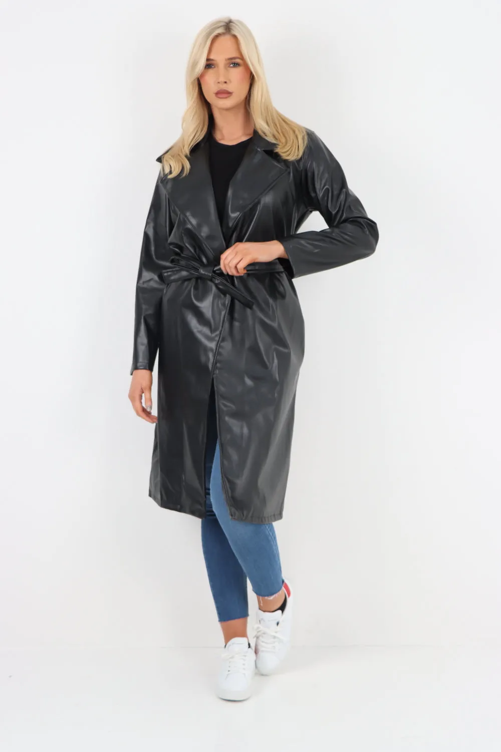 Italian PU Faux Leather Longline Waterfall Jacket Coat