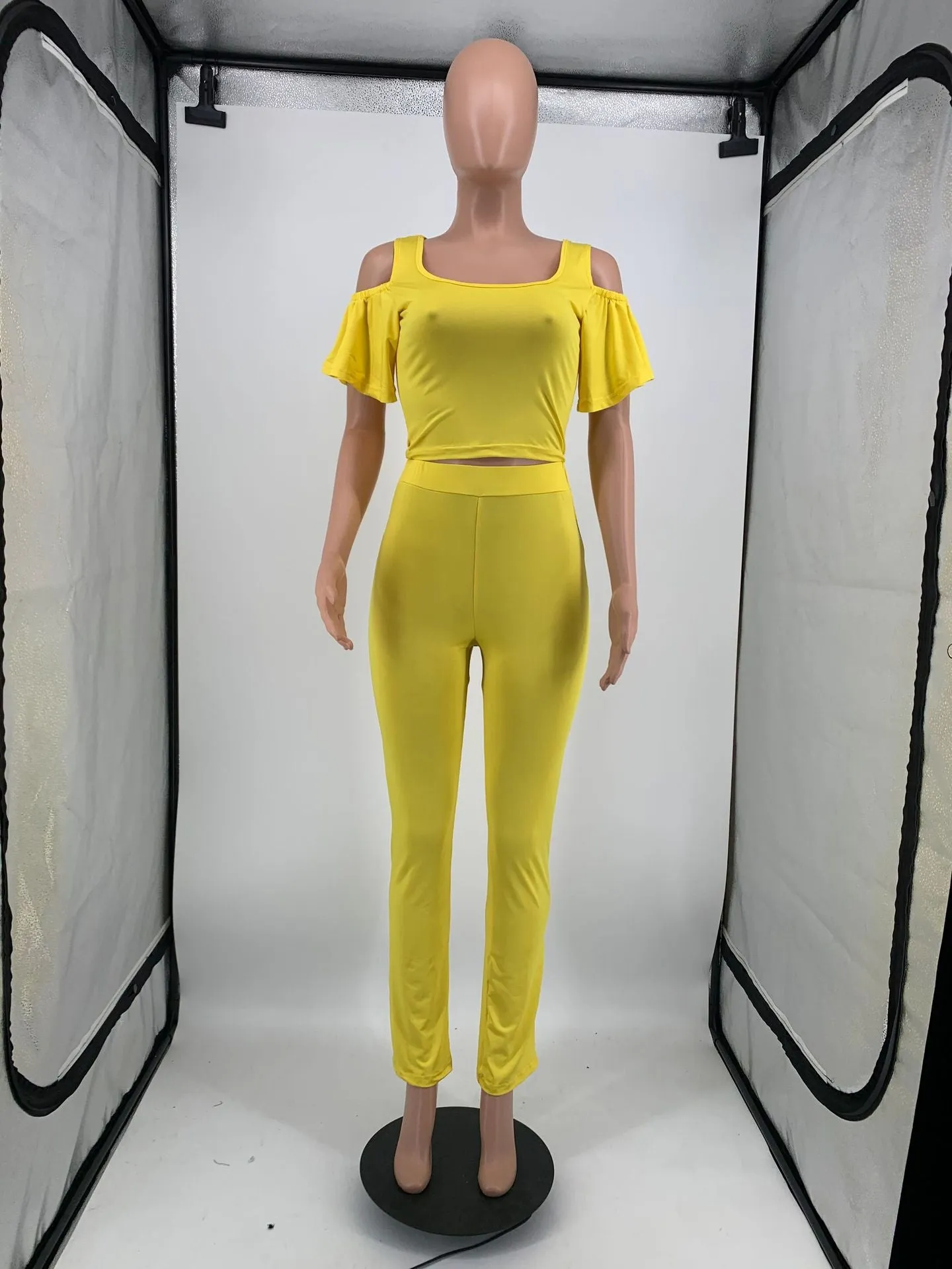 MB FASHON Cold-Shoulder Crop Top and Slim-Fit Pants Two-Piece Set 199R