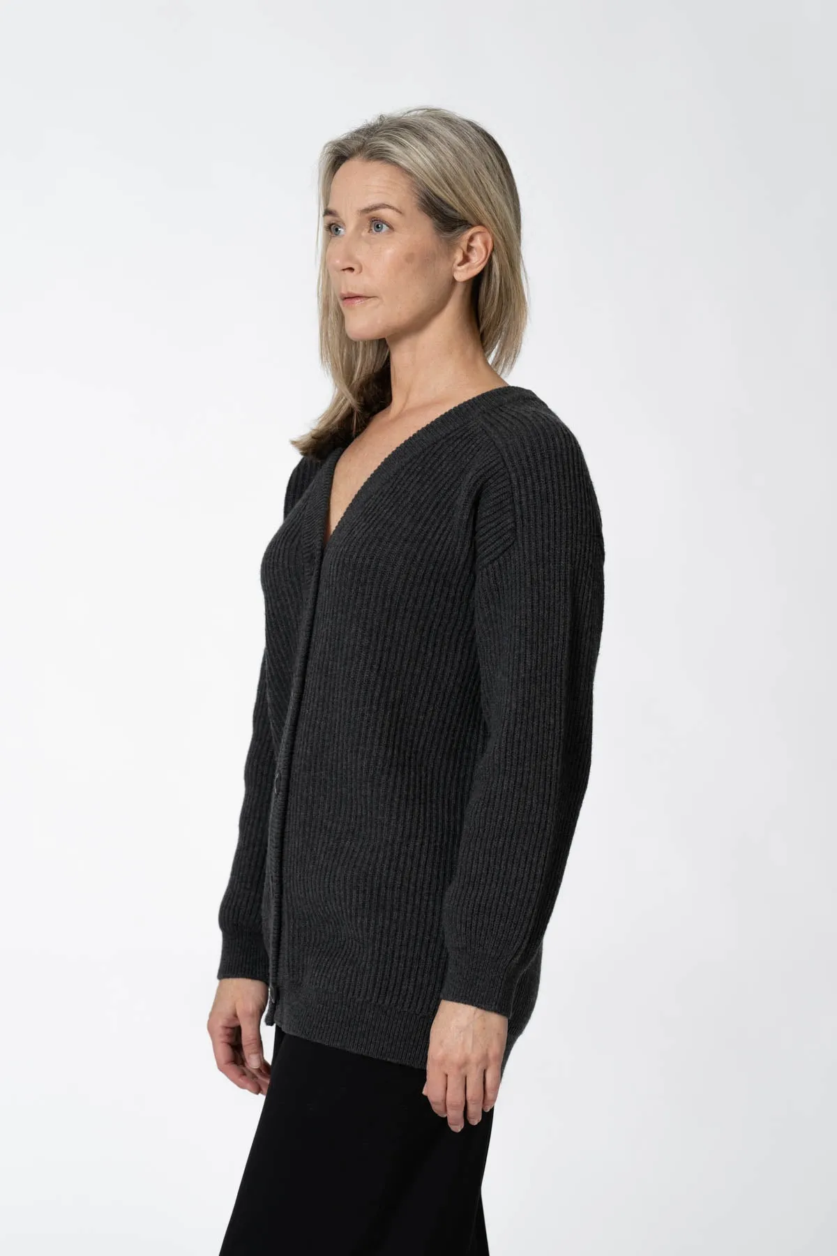 Merino Rib Cardigan in Charcoal