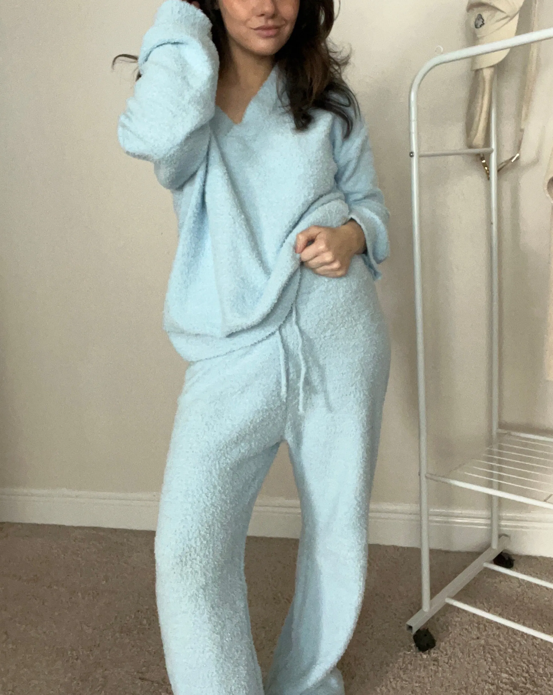 MEROKEETY Fuzzy Long Sleeve Top Wide Leg Pants Pajama Set