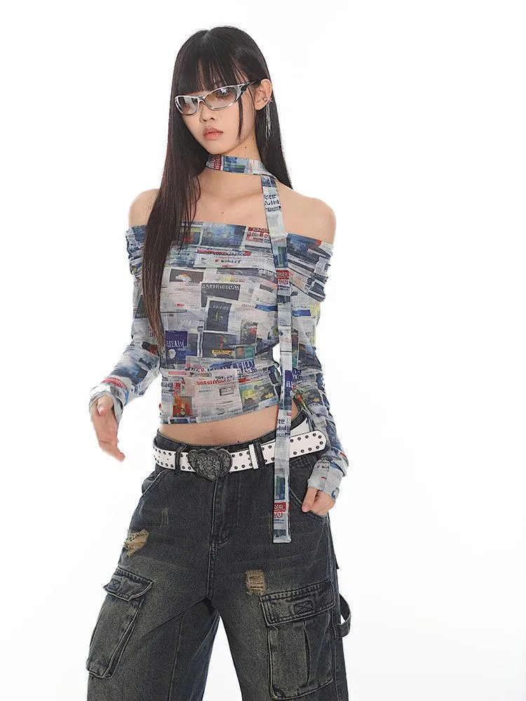 Newspaper Print Off-Shoulder Fitted Crop Top