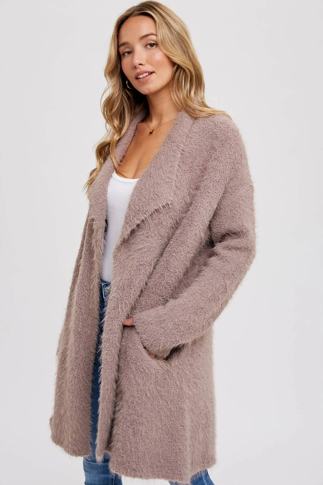 SOFT FUZZY DRAPE FRONT CARDIGAN: MUSHROOM