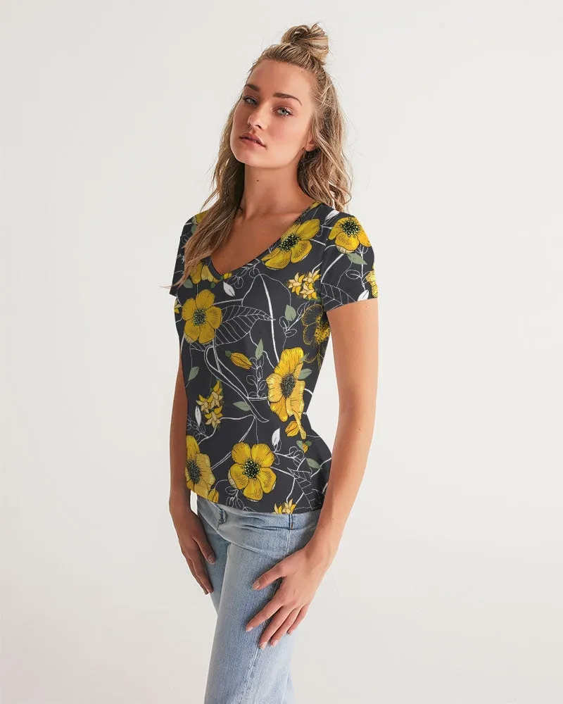 Yellow Flowers & Tropical Leaves Charcoal Women's V-Neck T Shirt